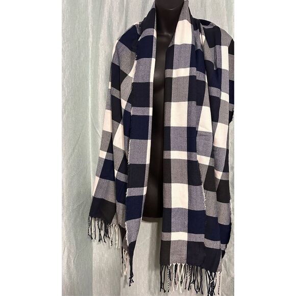 Plush Women's Navy & White Check Rectangle Soft & Cozy Raw Hem Scarf 72”X26” GOO - Picture 1 of 4
